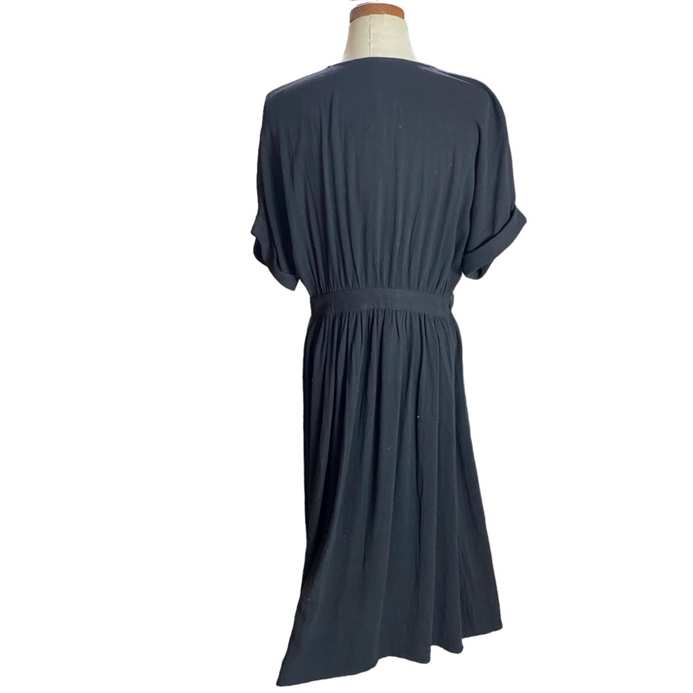 WILLOW Anthropologie Womens Wrap Dress Midi Black short Sleeve Size M Linen NEW - Picture 14 of 15